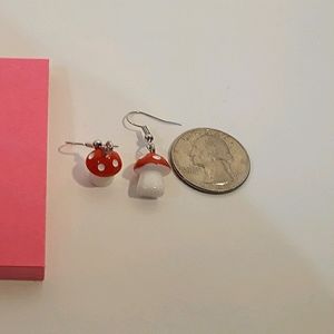 Red and White Mushroom Dangle Drop Earrings